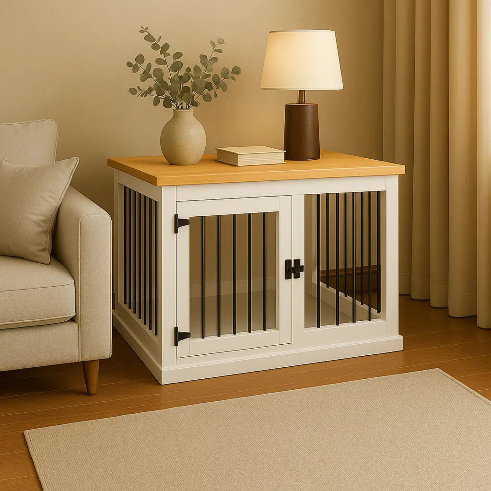 White pet crate with wooden top in a living room setting