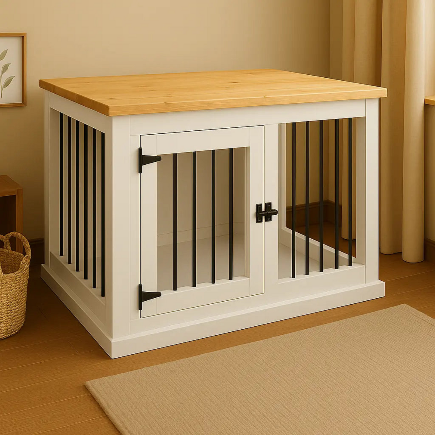Wooden pet crate with a wooden top in a room setting