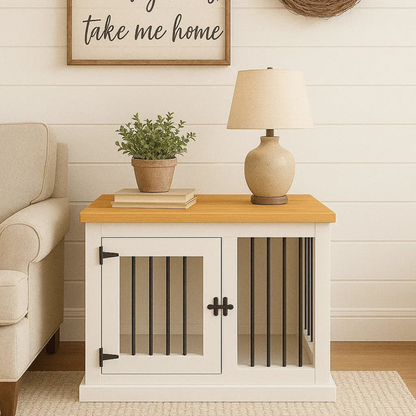 Wooden side table with white cabinet, lamp, and plant in a living room setting.