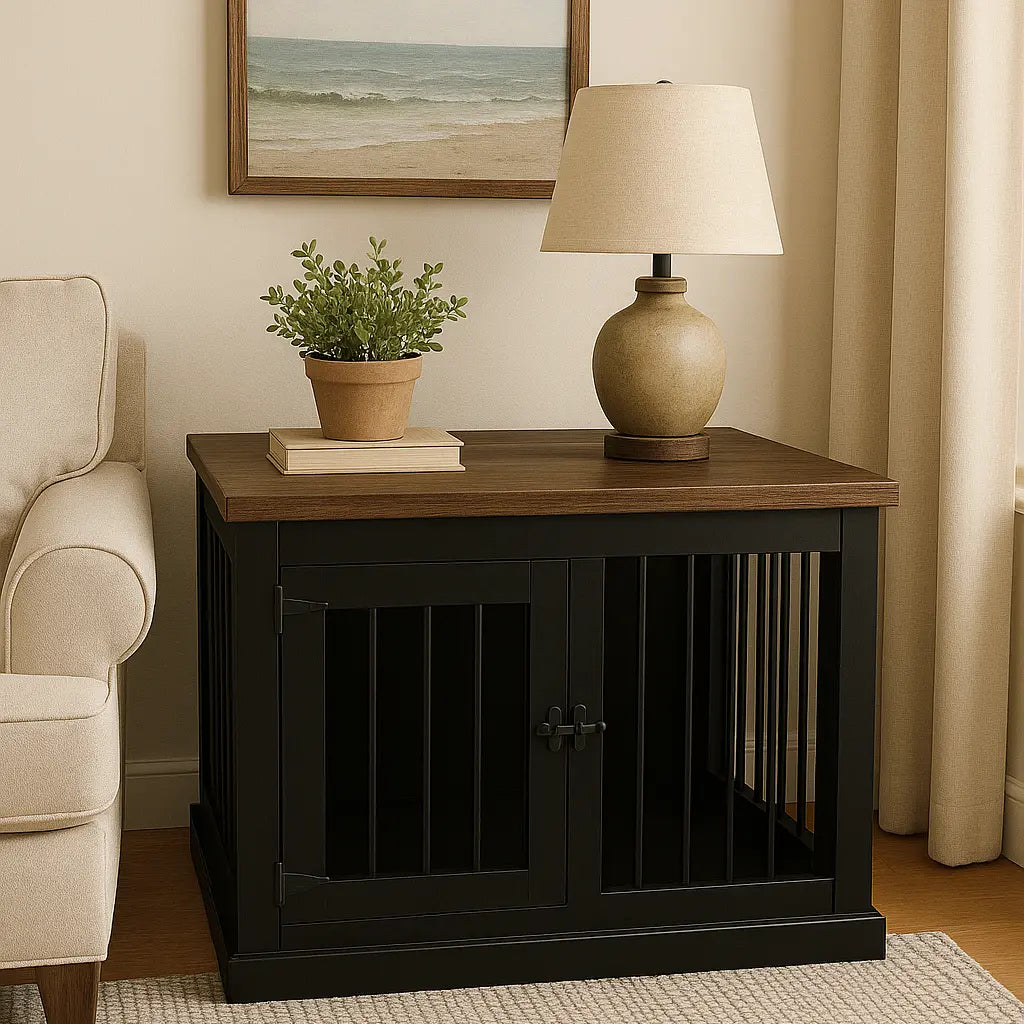 The Studio -Hinged Night Sky Single Wooden Dog Crate with Bars Paws and Willow