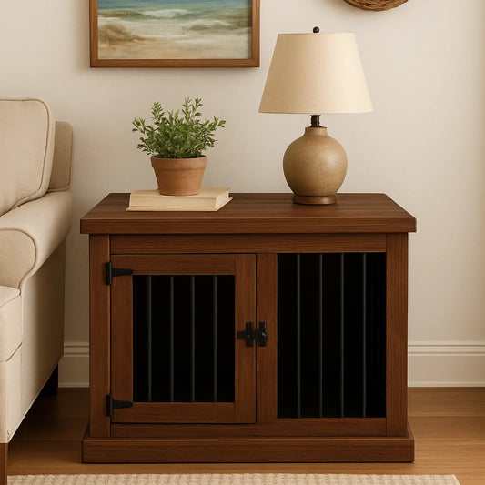 The Studio -Hinged Espresso Single Wooden Dog Crate with Bars Paws and Willow