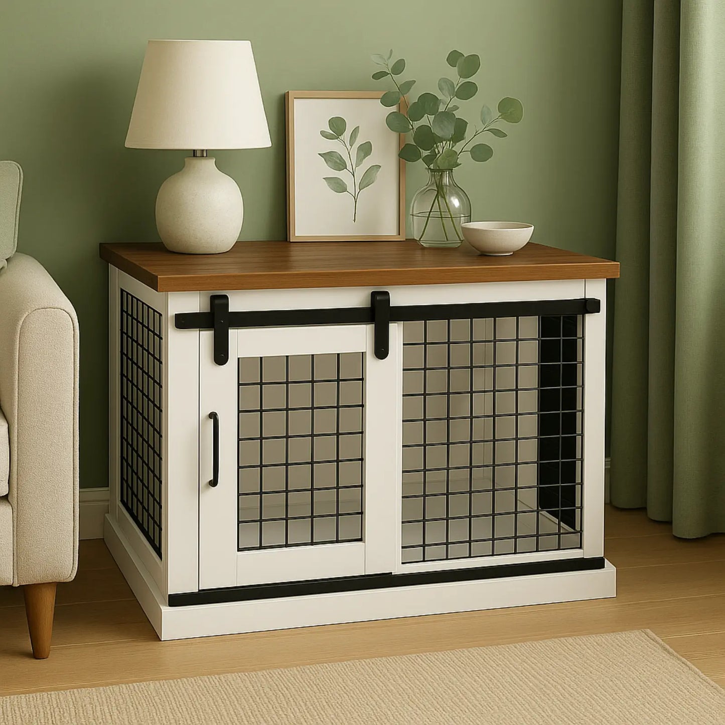White cabinet with grid doors in a room with a lamp, plant, and picture frame.