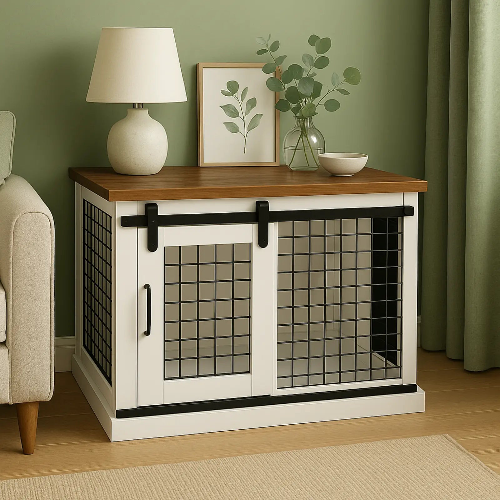 White cabinet with grid doors in a room with a lamp, plant, and picture frame.