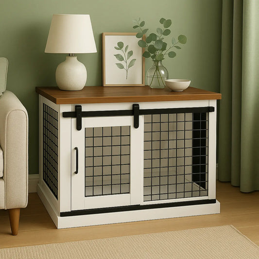 White cabinet with grid doors in a room with a lamp, plant, and picture frame.
