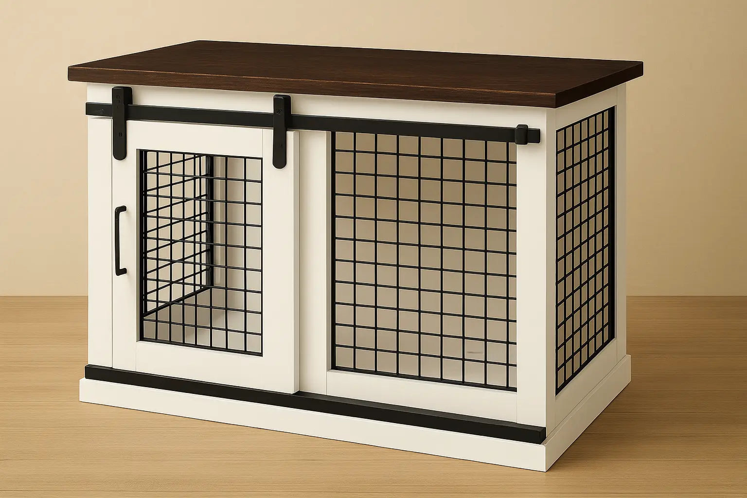 White cabinet with wire doors on a wooden floor against a beige wall