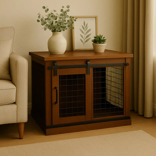 Wooden pet crate with wire door in a living room setting with a beige armchair and decorative items.