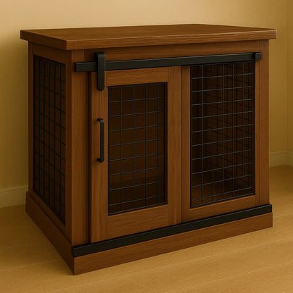 Wooden pet crate with wire doors on a wooden floor against a beige wall