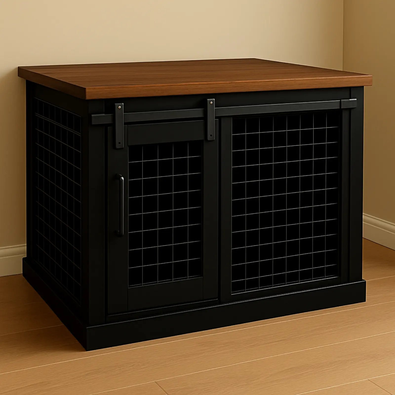 Black metal cabinet with wooden top on a wooden floor against a beige wall