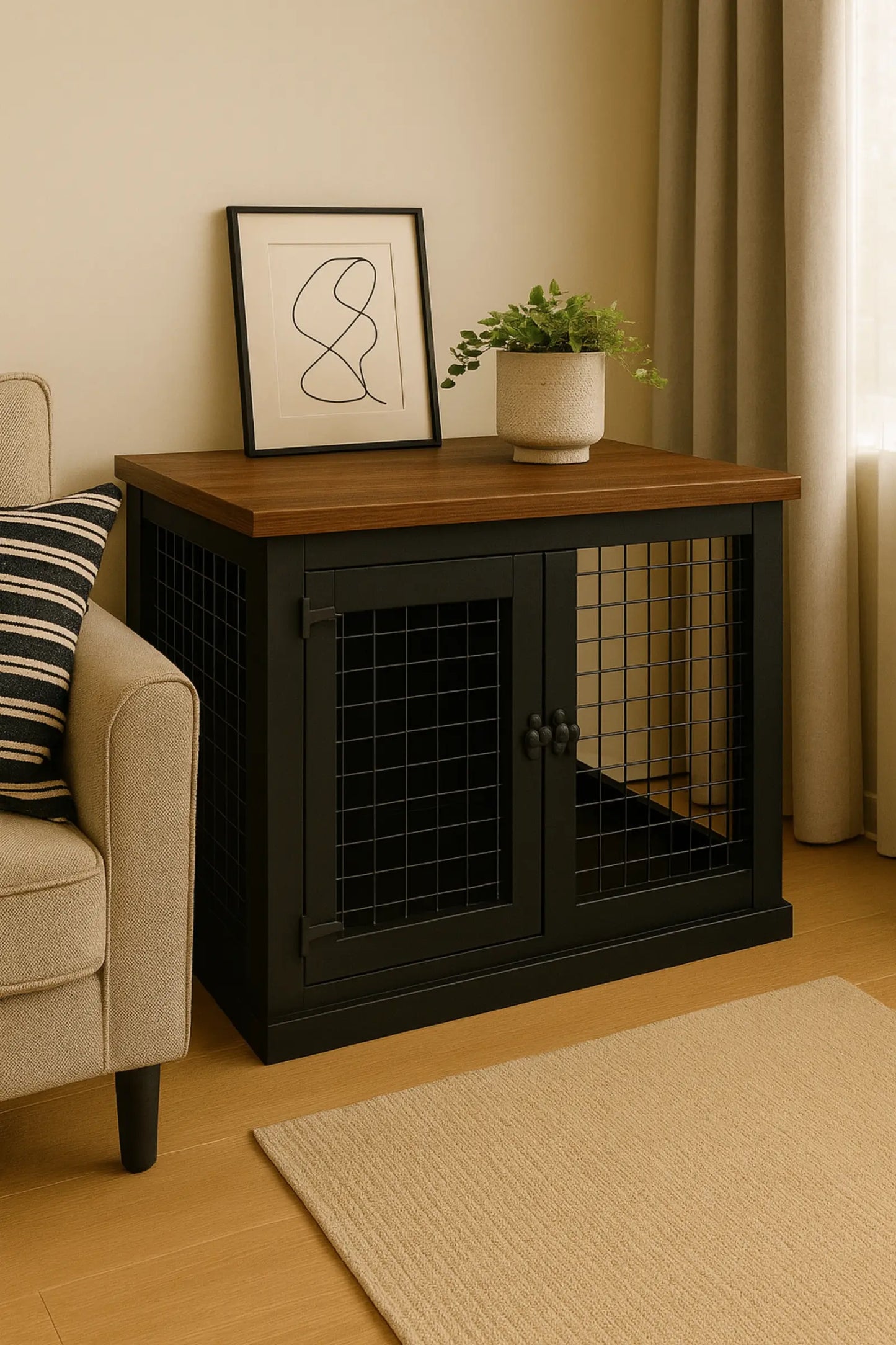 Black metal pet crate with wooden top in a living room setting