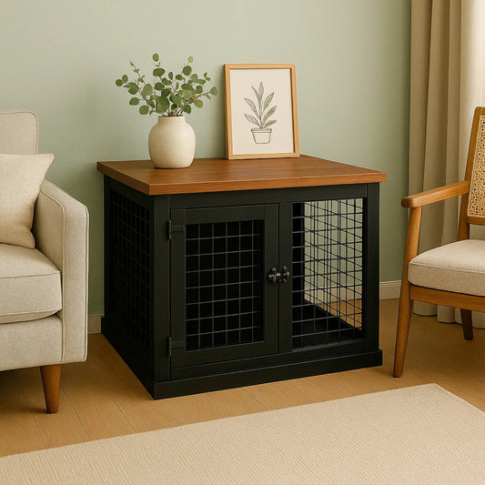 Black pet crate with wooden top in a living room setting