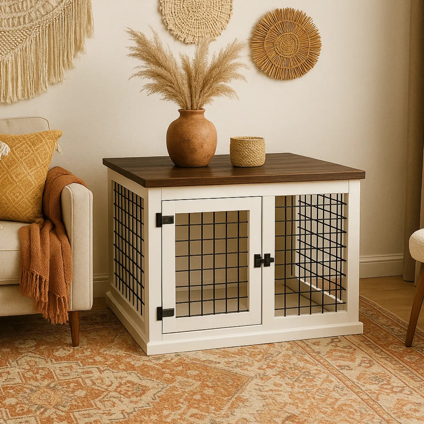 White pet crate with wooden top in a living room setting