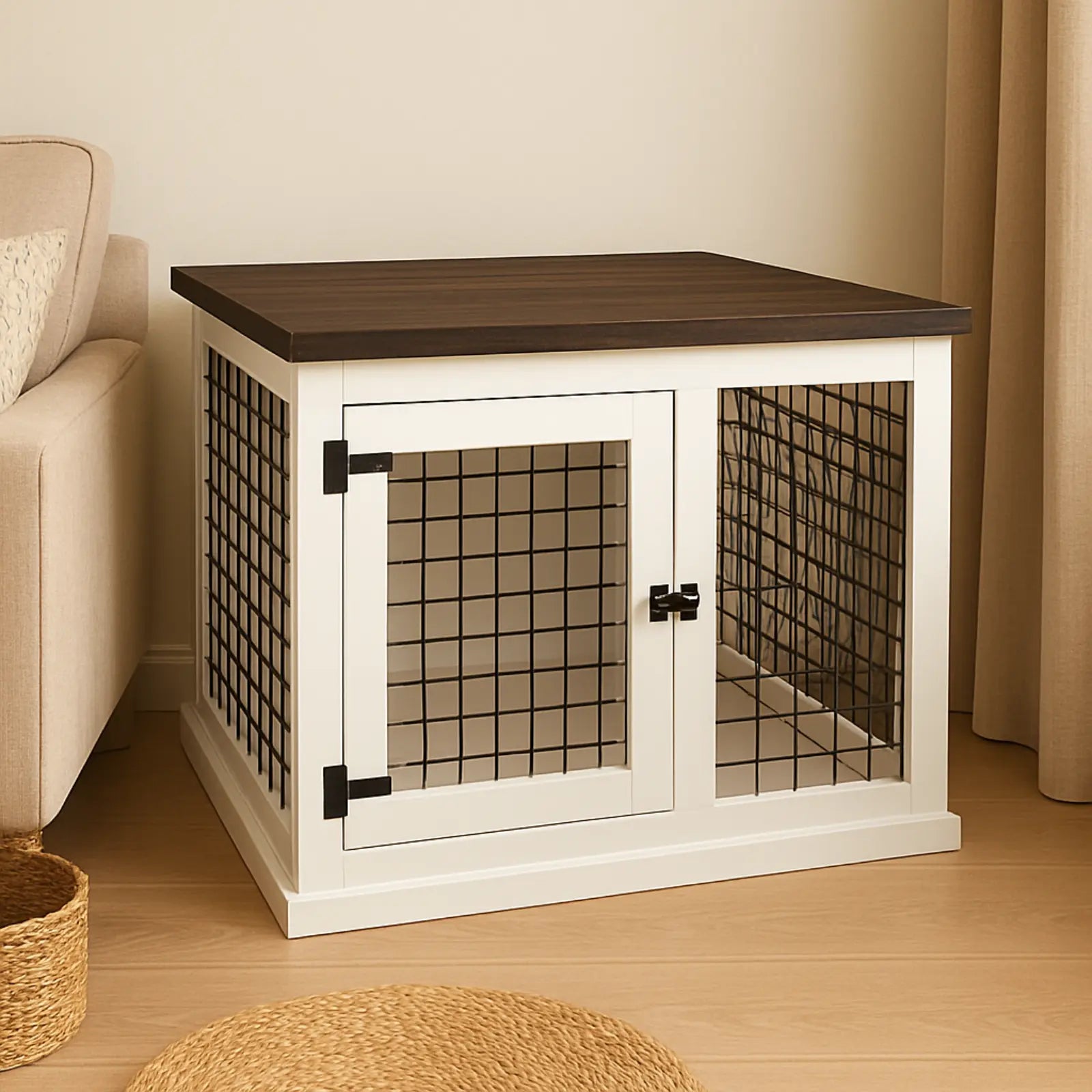 White pet crate with wooden top in a living room setting