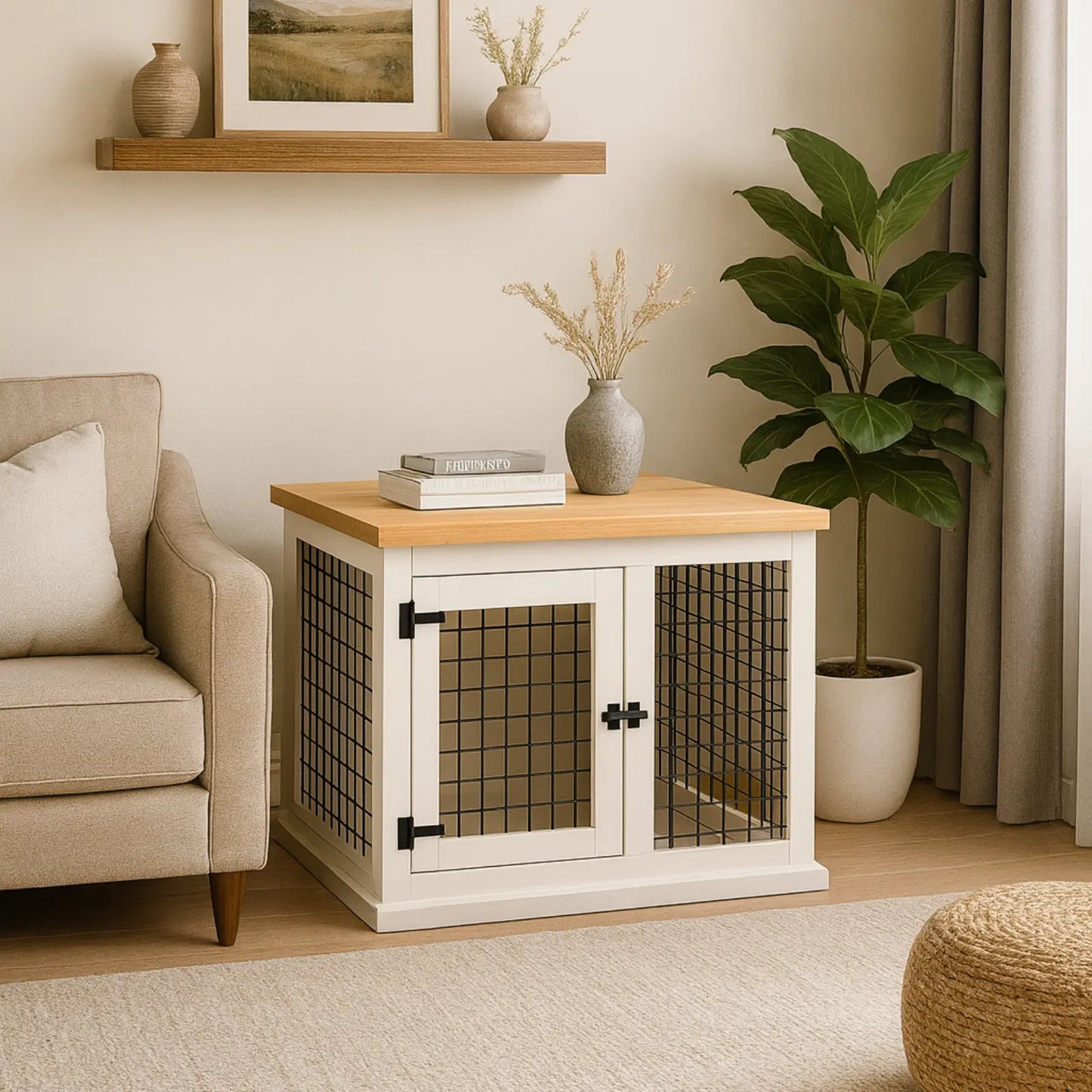 Living room with a white cabinet with wire doors, beige armchair, and decorative items.