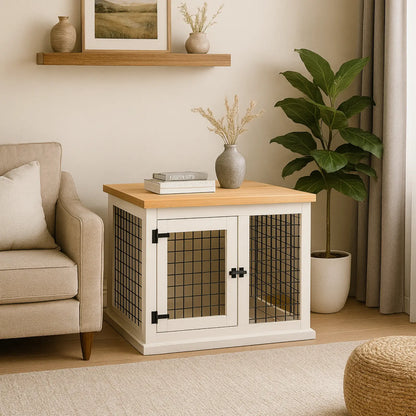 Living room with a white cabinet with wire doors, beige armchair, and decorative items.
