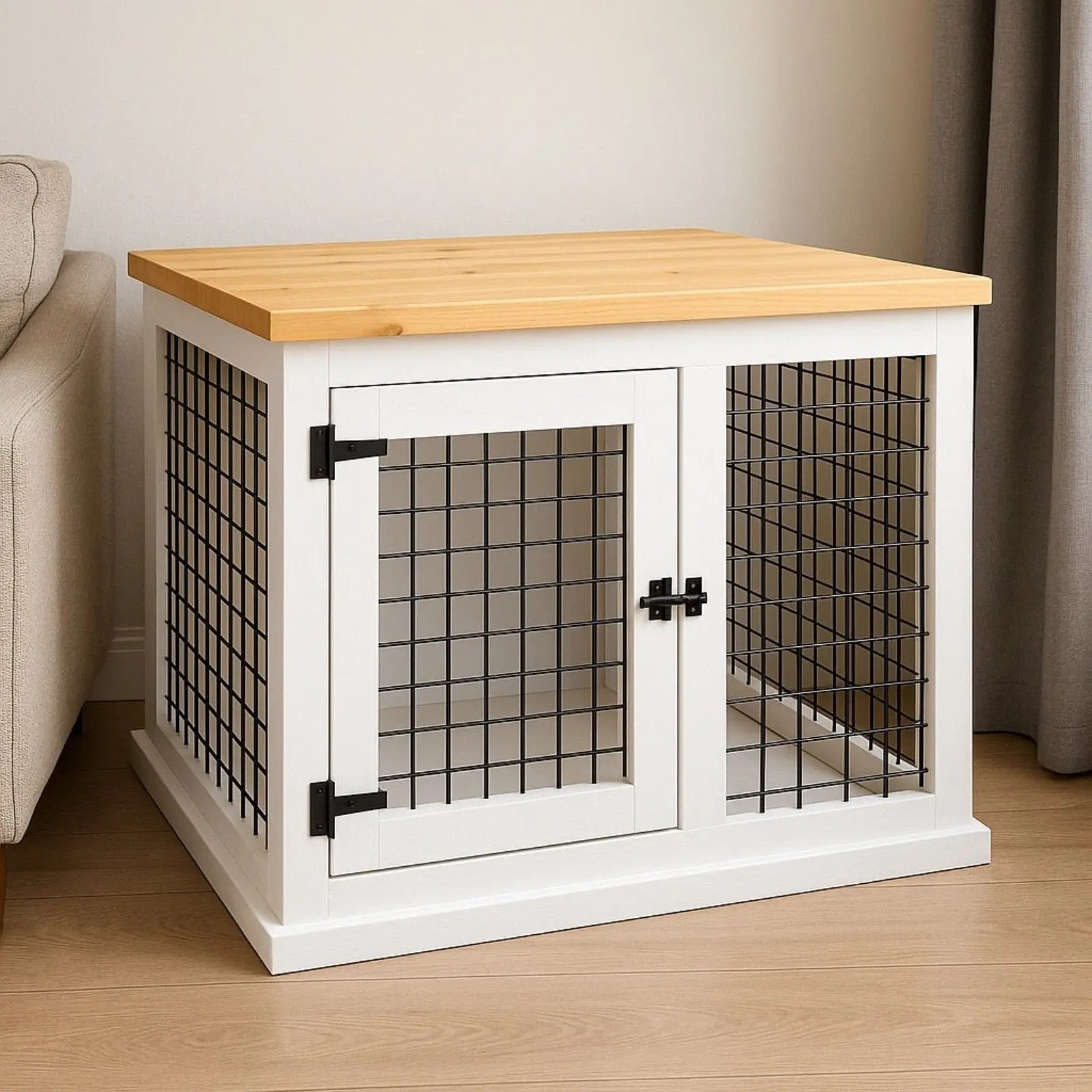White pet crate with wooden top in a room setting