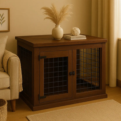 Wooden pet crate with wire doors in a living room setting