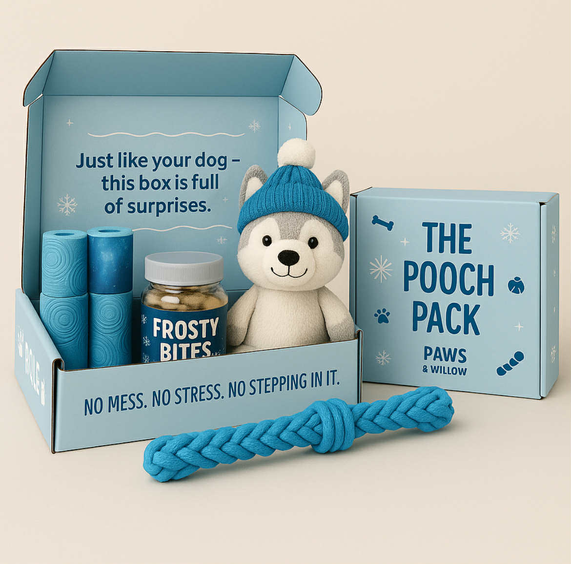 The Pooch Pack monthly dog subscription box with treats, toys, and poop bags