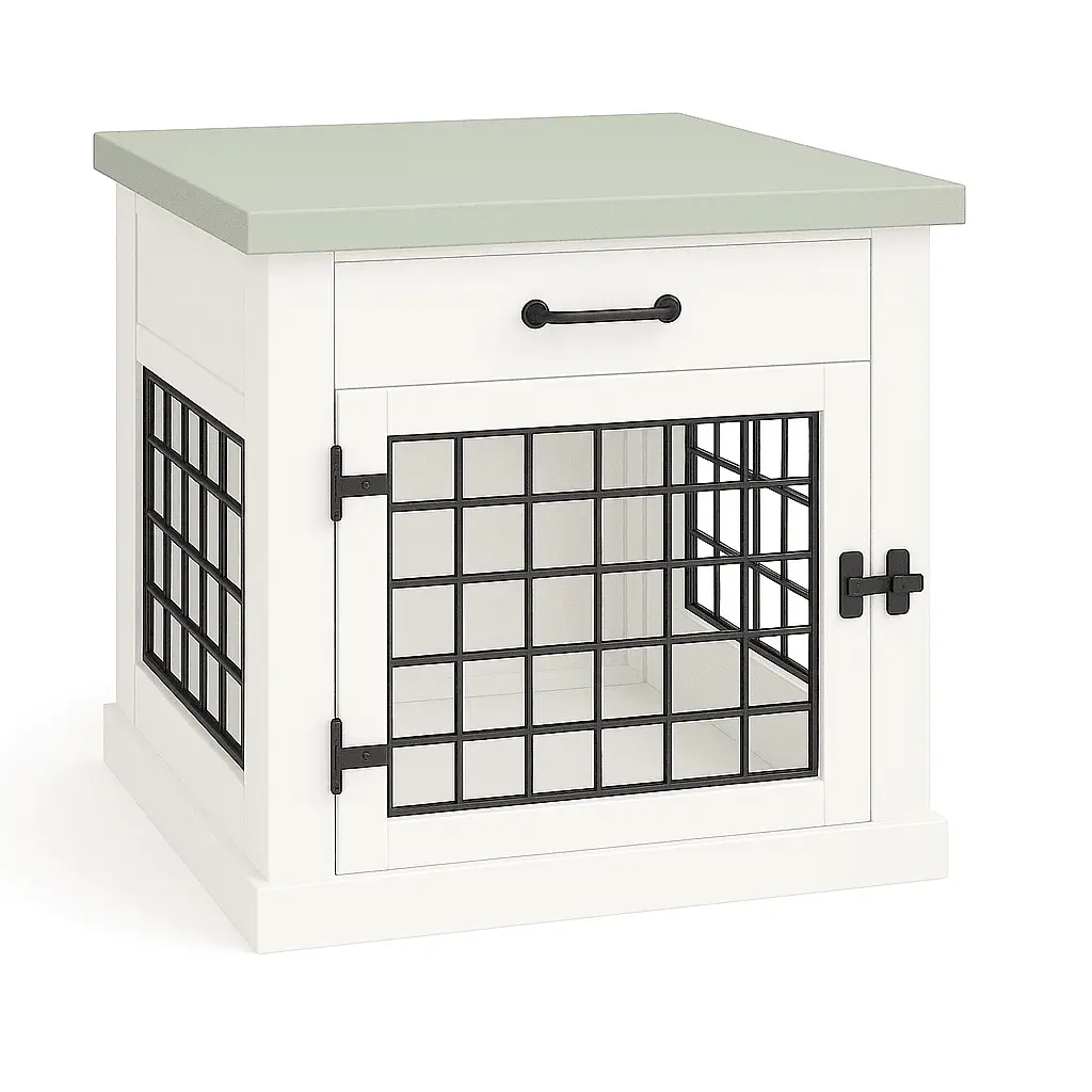 The Den - ARCTIC Coloured Bedside Dog Crate with Mesh & Hinged Door with Drawer - Sage image