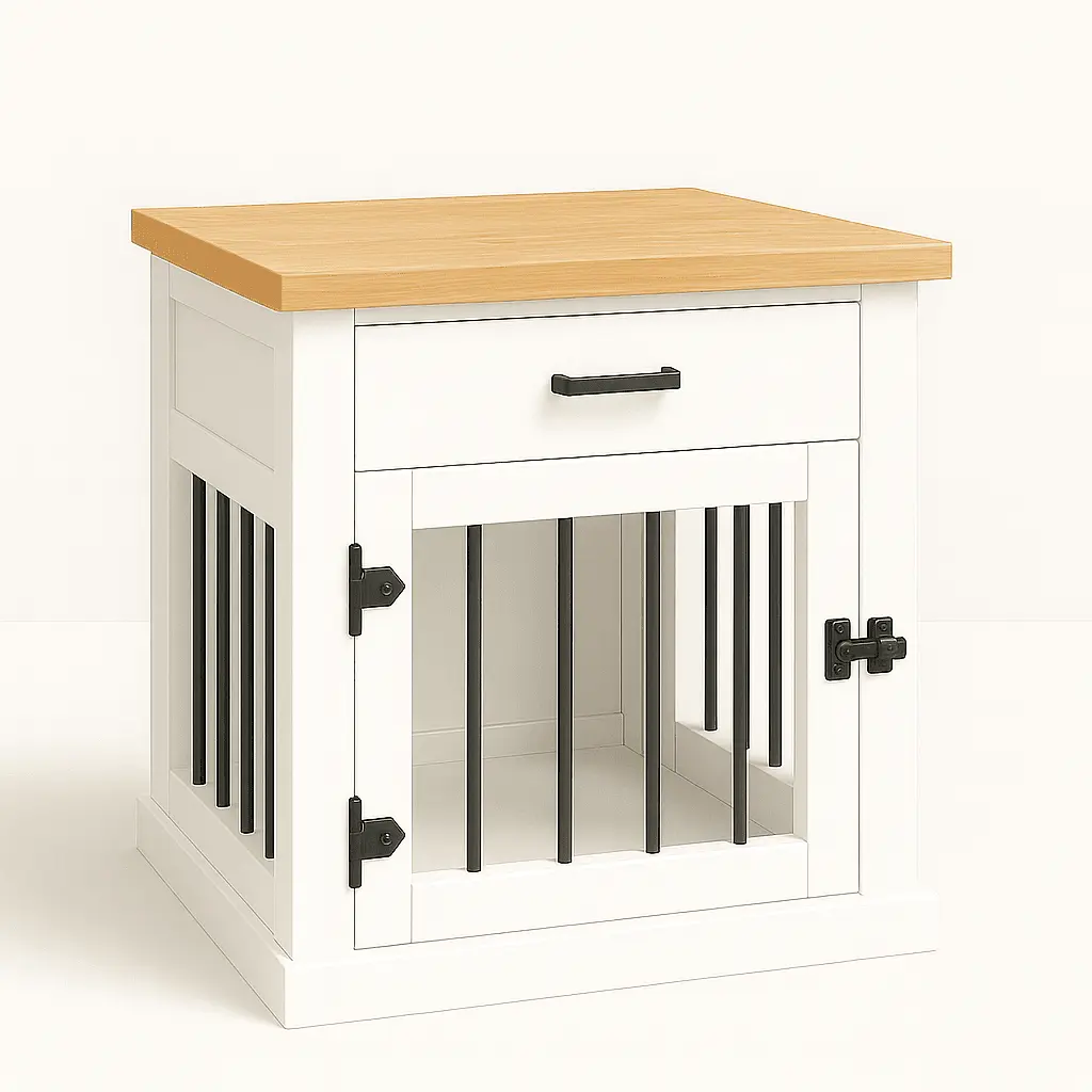 The Den - ARCTIC Coloured Bedside Dog Crate with Bars & Hinged Door with Drawer - Natural image