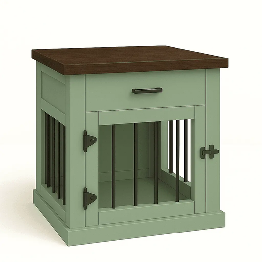 The Den - SAGE Coloured Bedside Dog Crate with Bars & Hinged Door with Drawer image 3