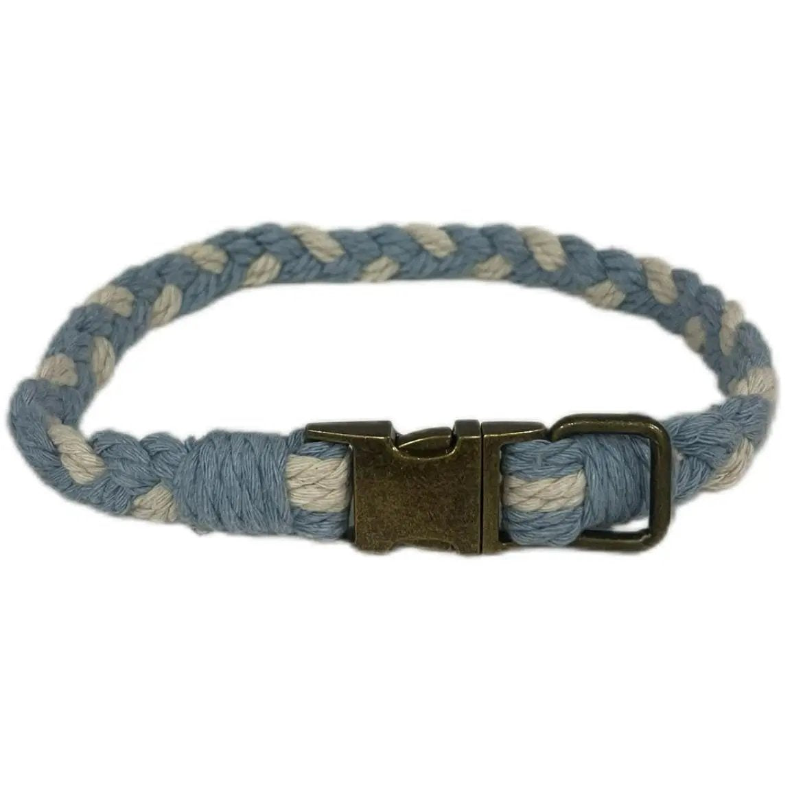 Large Macramé Dog Collar with Brass | Gold | Silver Buckle - Blue, Brass image
