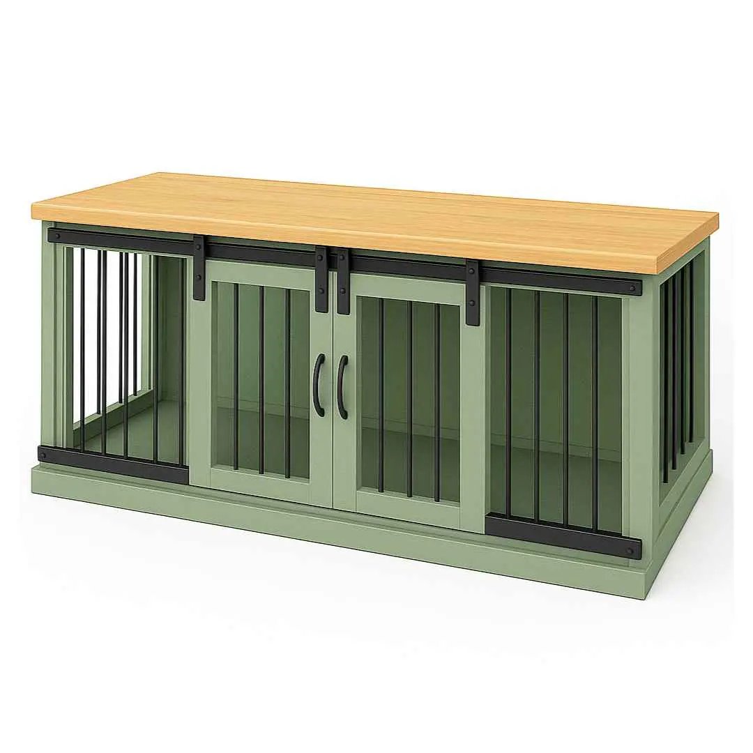 The DUO – Sage Barn Door Style Double Wooden Dog Crate With Bars - Natural image