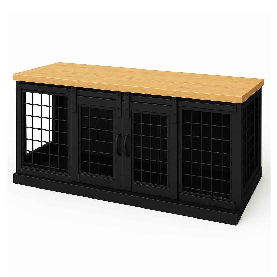 The DUO – Night Sky Barn Style Double Wooden Dog Crate With Mesh - Natural image