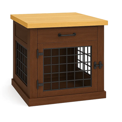 The Den - ESPRESSO Coloured Bedside Dog Crate with Mesh & Hinged Door with Drawer image 0