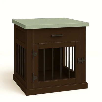 The Den - ESPRESSO Coloured Bedside Dog Crate with Bars & Hinged Door with Drawer - Sage image