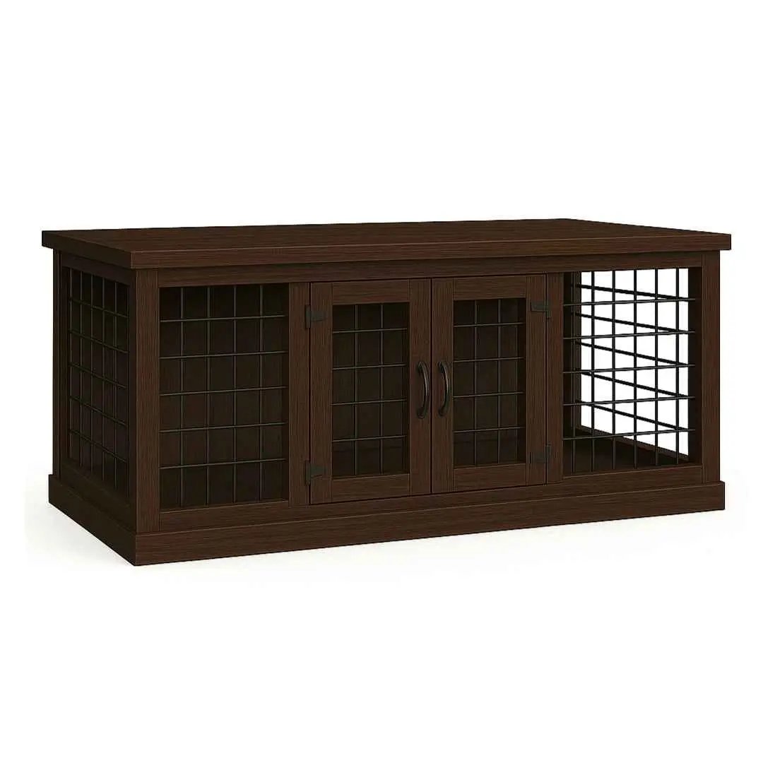 The DUO – Espresso Hinged Style Double Wooden Dog Crate With Mesh image 1