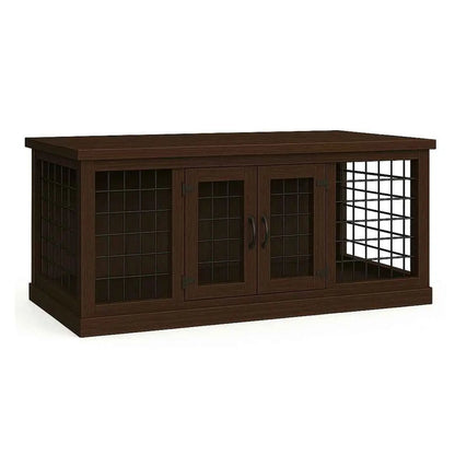 The DUO – Espresso Hinged Style Double Wooden Dog Crate With Mesh image 1