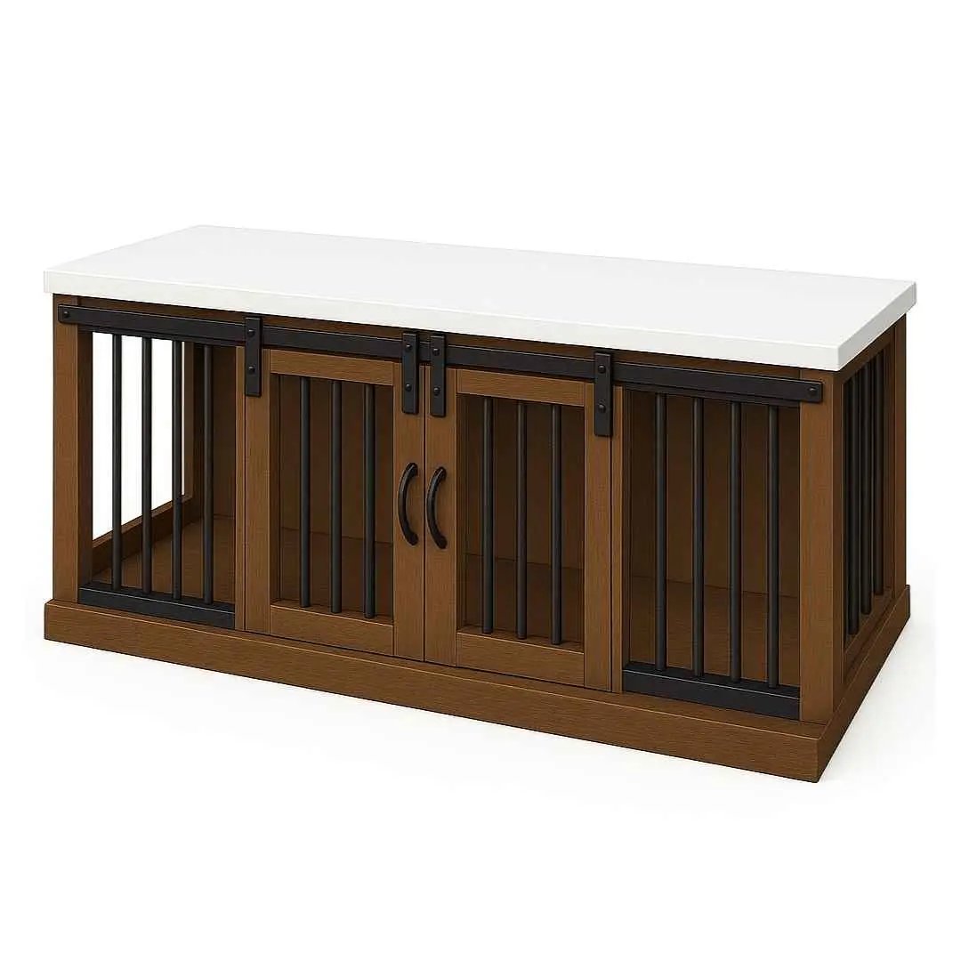 The DUO – Espresso Barn Door Style Double Wooden Dog Crate With Bars - Arctic image