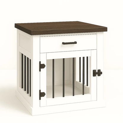 The Den - ARCTIC Coloured Bedside Dog Crate with Bars & Hinged Door with Drawer - Espresso image