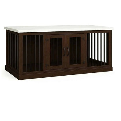 The DUO – Espresso Hinged Double Wooden Dog Crate With Bars image 0