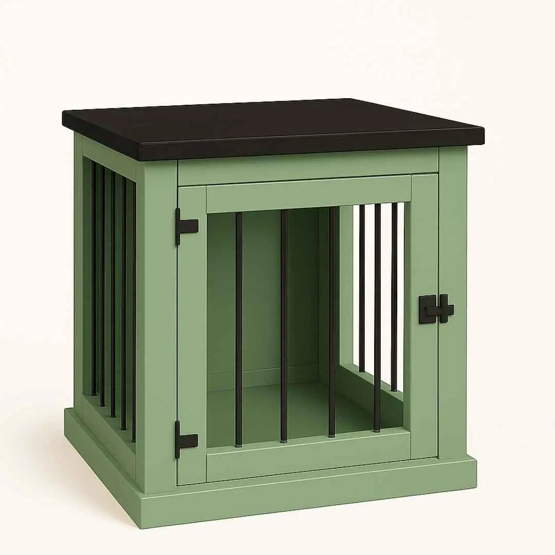 The Den - Sage Coloured Bedside Dog Crate with Bars & Hinged Door image 3