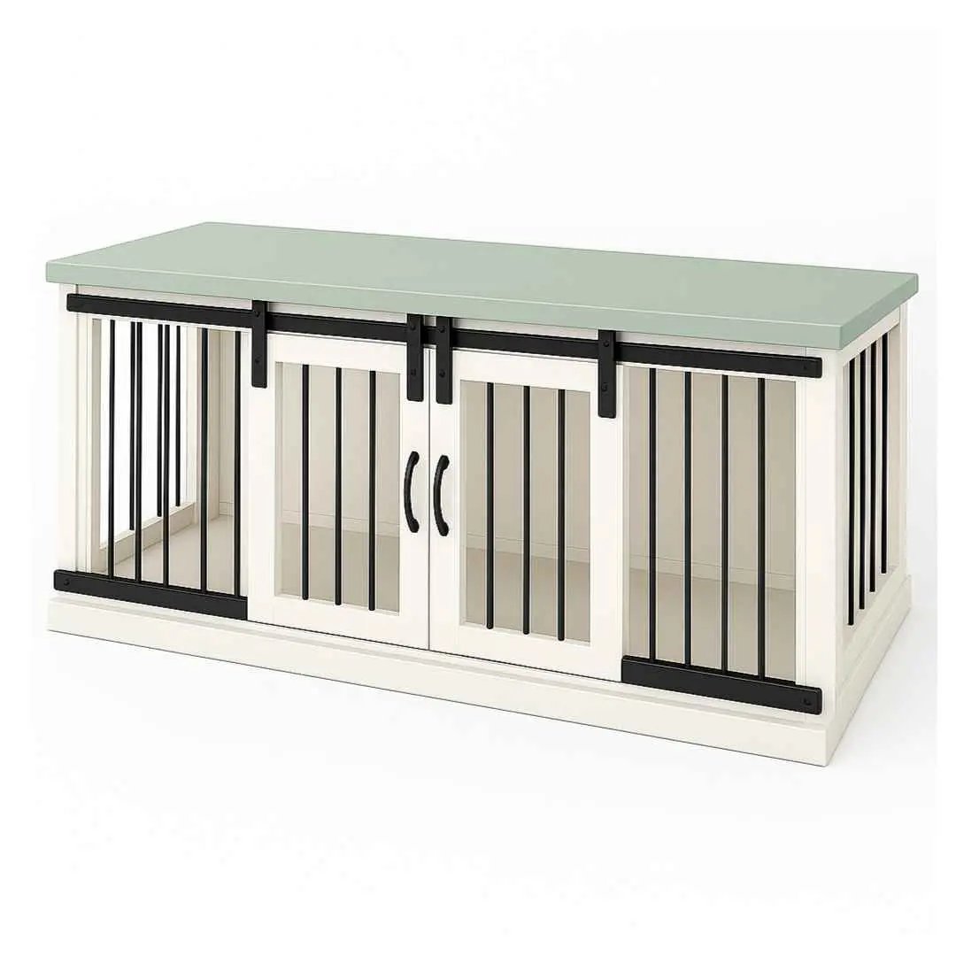 The DUO – Arctic Barn Door Style Double Wooden Dog Crate With Bars - Sage image