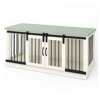 The DUO – Arctic Barn Door Style Double Wooden Dog Crate With Bars - Sage image