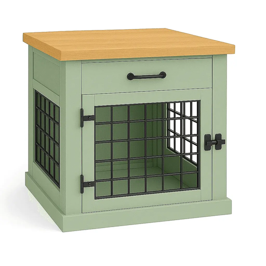 The Den - SAGE Coloured Bedside Dog Crate with Mesh & Hinged Door with Drawer image 0