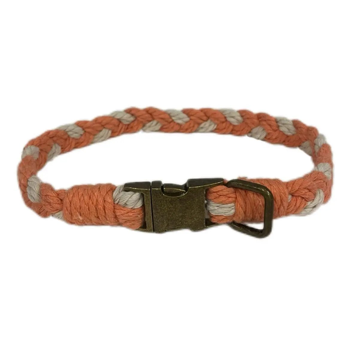 Large Macramé Dog Collar with Brass | Gold | Silver Buckle - Orange, Brass image