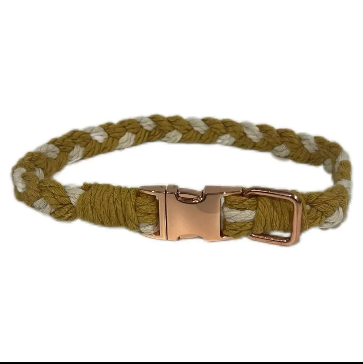 Large Macramé Dog Collar with Brass | Gold | Silver Buckle - Mustard, Gold image