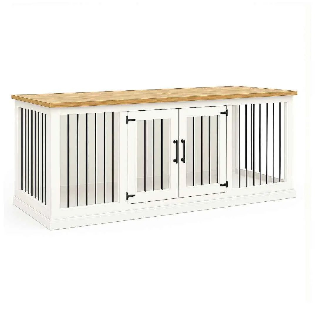 The DUO – Arctic Hinged Double Wooden Dog Crate With Bars - Natural image