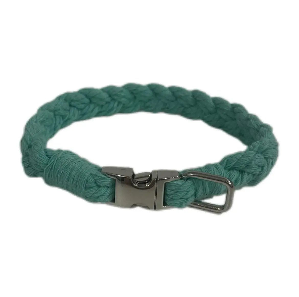 Petite Macramé Dog Collar with Brass | Gold | Silver Buckle - Teal, Silver image