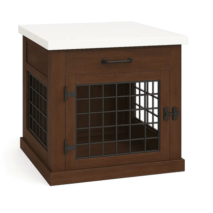 The Den - ESPRESSO Coloured Bedside Dog Crate with Mesh & Hinged Door with Drawer image 4