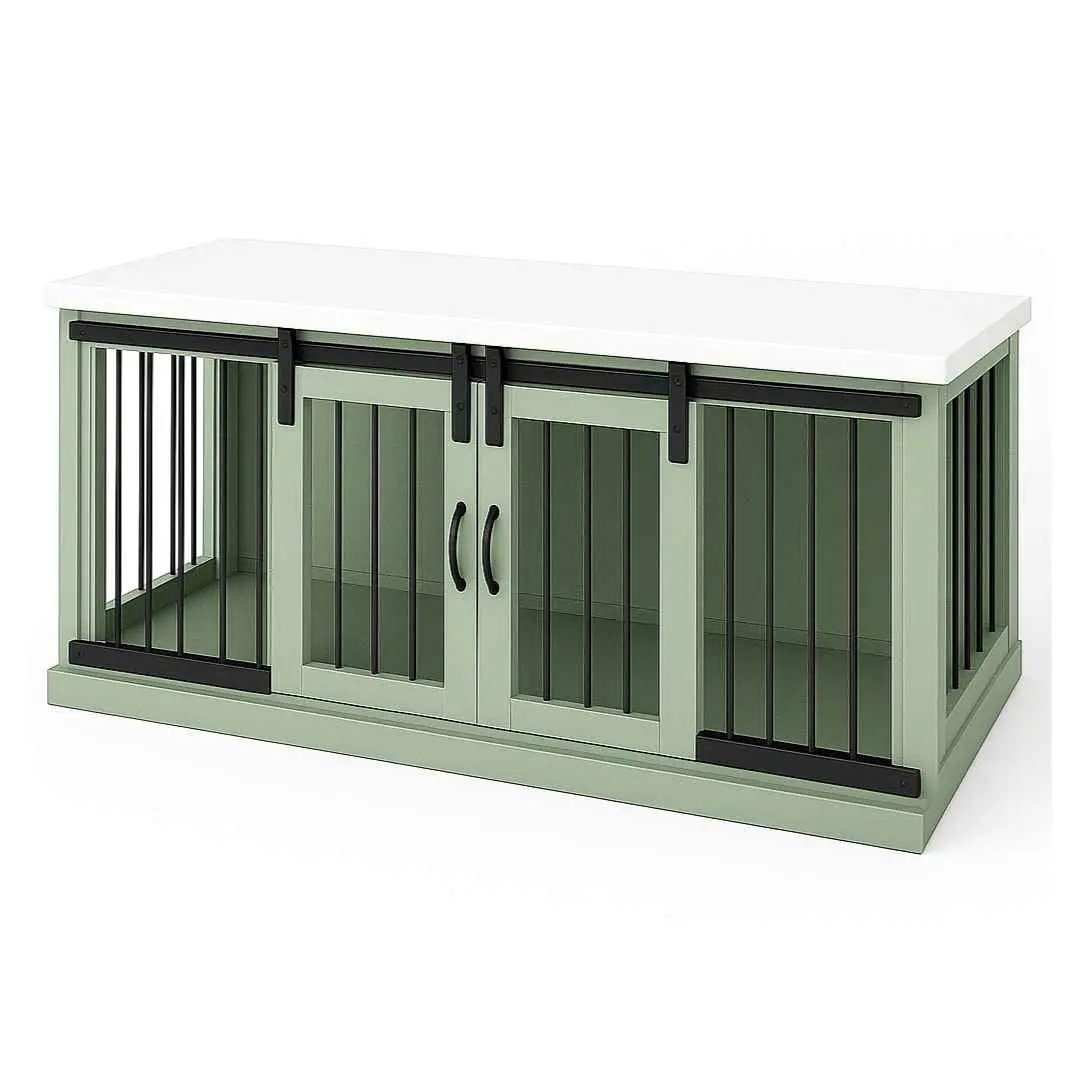 The DUO – Sage Barn Door Style Double Wooden Dog Crate With Bars - Arctic image