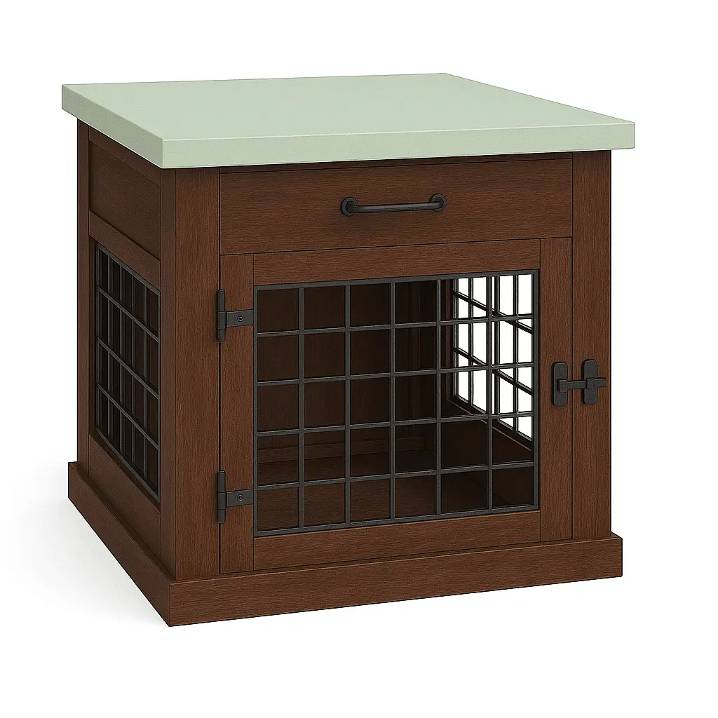The Den - ESPRESSO Coloured Bedside Dog Crate with Mesh & Hinged Door with Drawer image 2