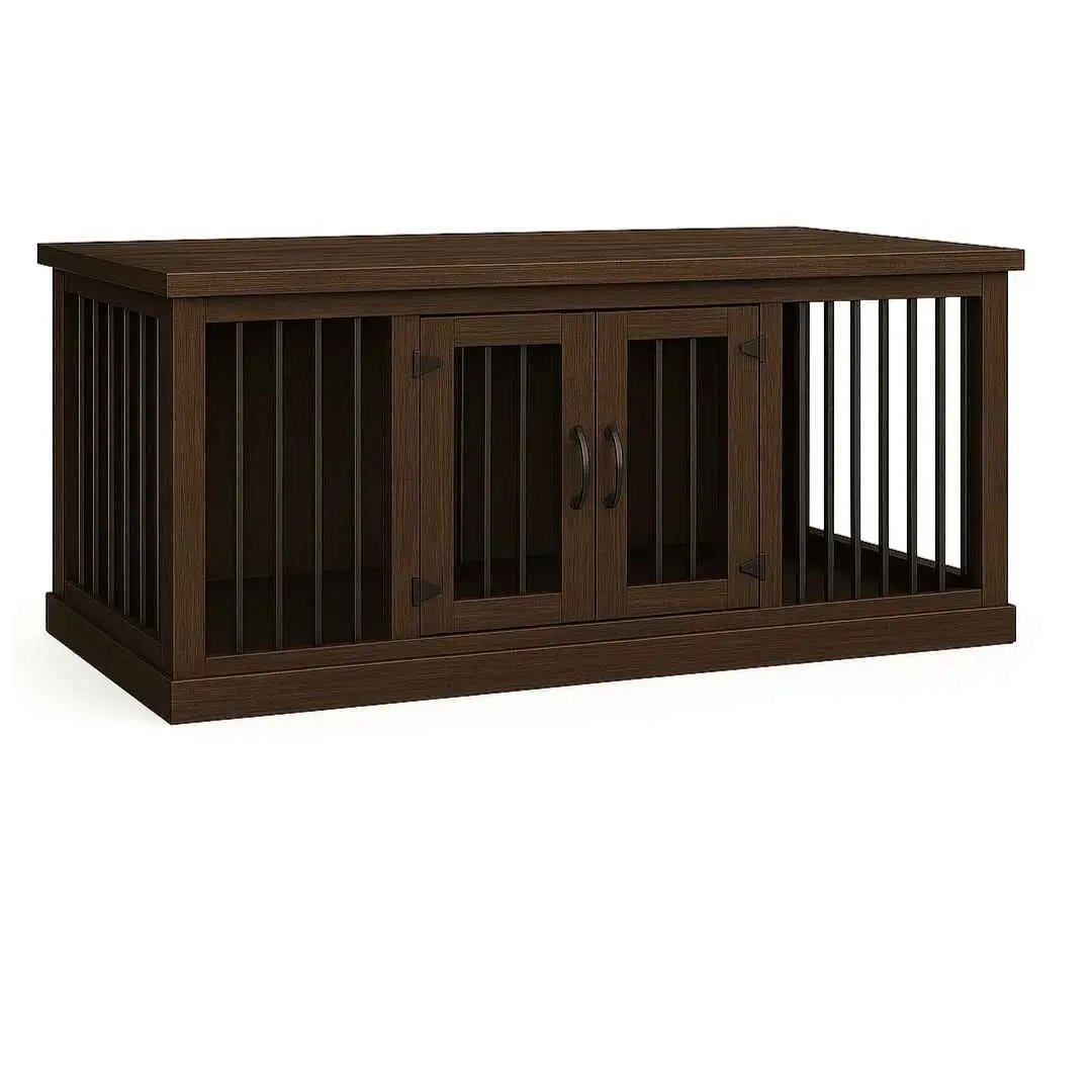 The DUO – Espresso Hinged Double Wooden Dog Crate With Bars image 5