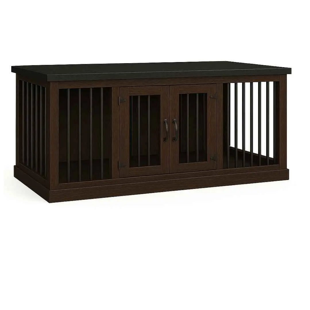 The DUO – Espresso Hinged Double Wooden Dog Crate With Bars image 2