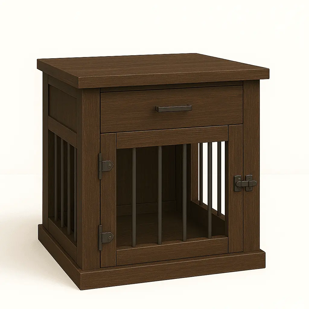 The Den - ESPRESSO Coloured Bedside Dog Crate with Bars & Hinged Door with Drawer image 0