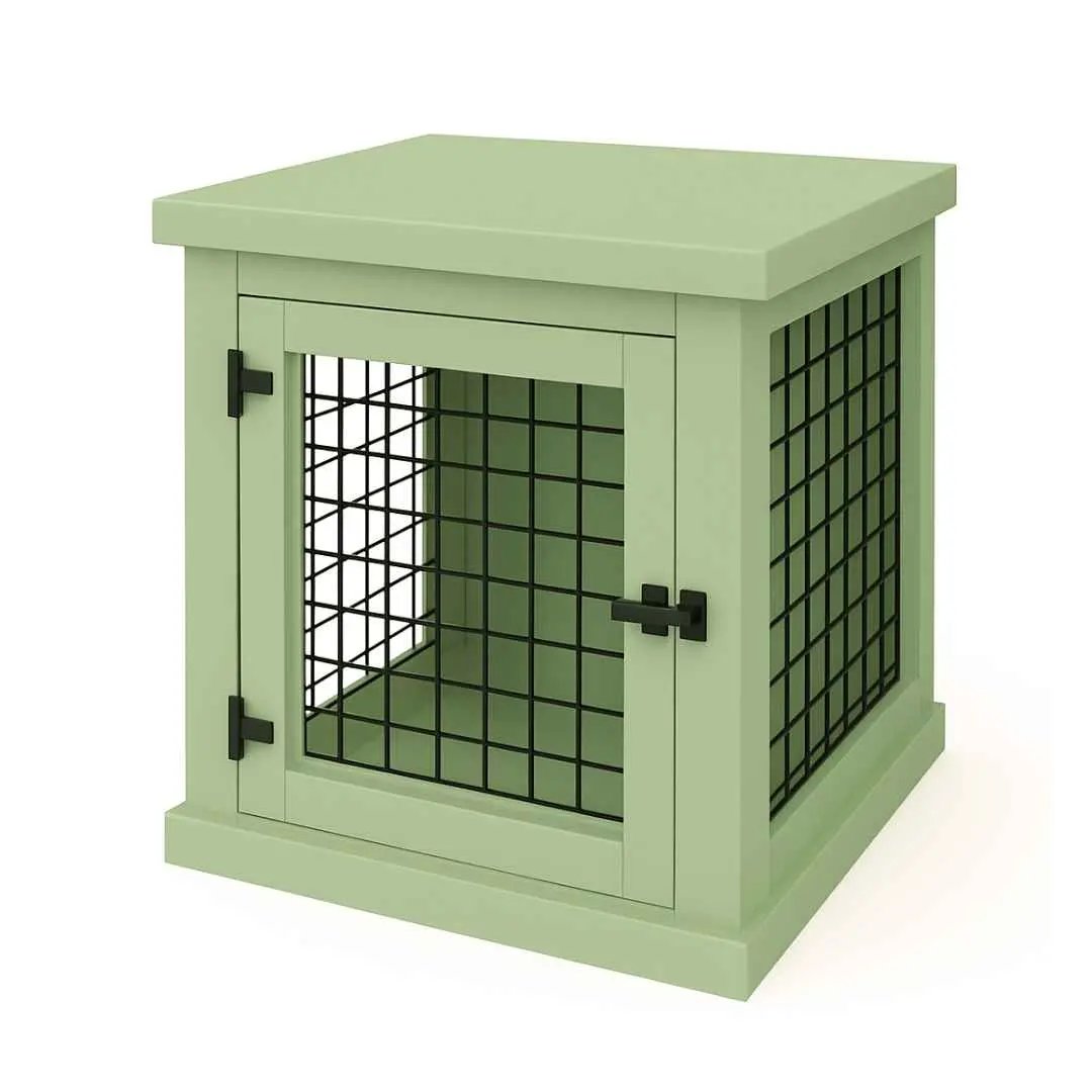 The Den - SAGE Coloured Bedside Dog Crate with Mesh & Hinged Door - Sage image