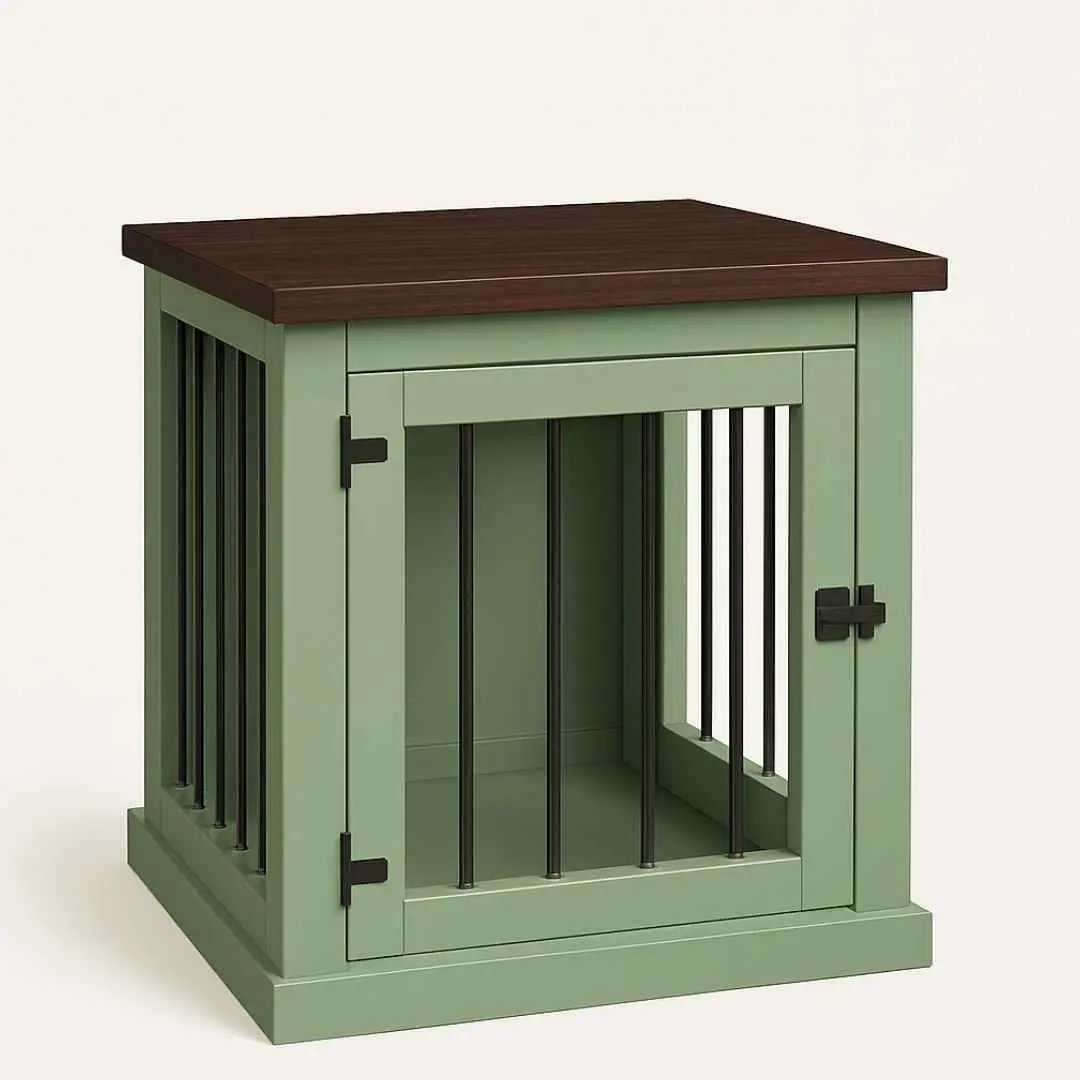 The Den - Sage Coloured Bedside Dog Crate with Bars & Hinged Door image 5